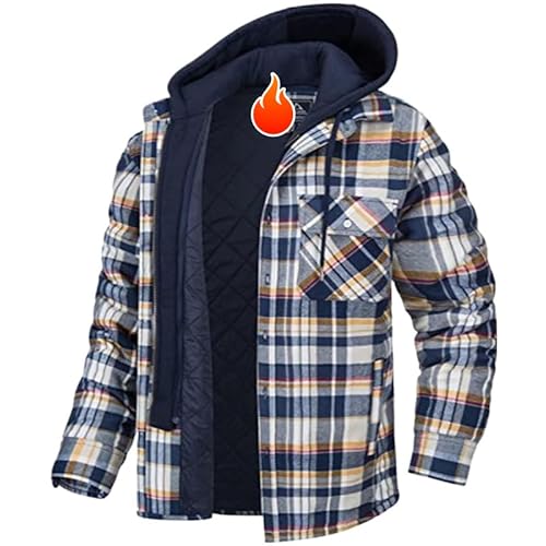 WAMIZEU Karierter Herrenmantel, gepolsterte Herrenhemden, Holzfäller-Kapuze, Flanelljacke, gesteppt, Thermo-Karohemd (Orange, M) von WAMIZEU