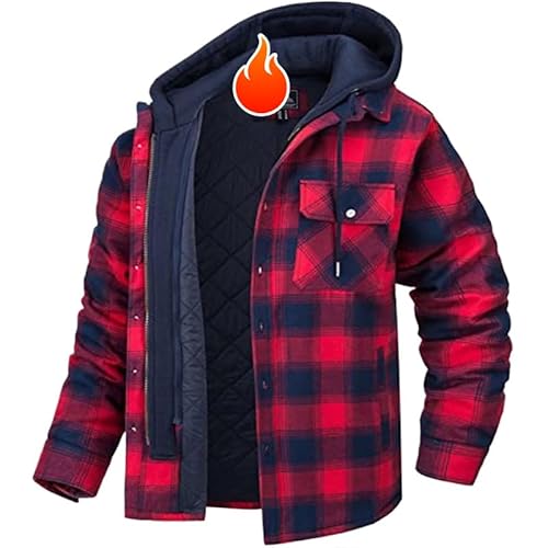 WAMIZEU Karierter Herrenmantel, gepolsterte Herrenhemden, Holzfäller-Kapuze, Flanelljacke, gesteppt, Thermo-Karohemd (Schwarz/Rot, XL) von WAMIZEU