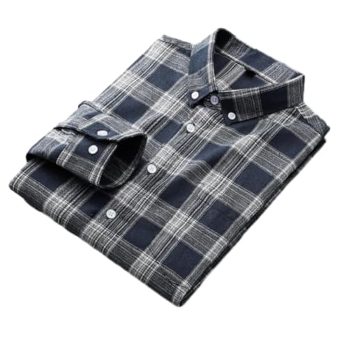 WAMIZEU Kariertes Hemd für Herren, Übergröße, Baumwolle, normale Passform, langärmelig, lässig, kariert, Button-Down-Shirt, Blau-Weiß, 185/2XL von WAMIZEU