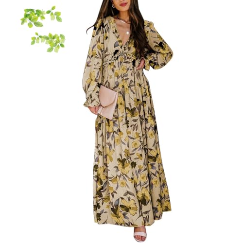 WAMIZEU Langärmeliges Damenkleid, V-Ausschnitt, Boho, lässig, fließend, lange Kleider, indische Kleider für Damen, legerer Bohemian-Druck, Gelb, Größe S von WAMIZEU