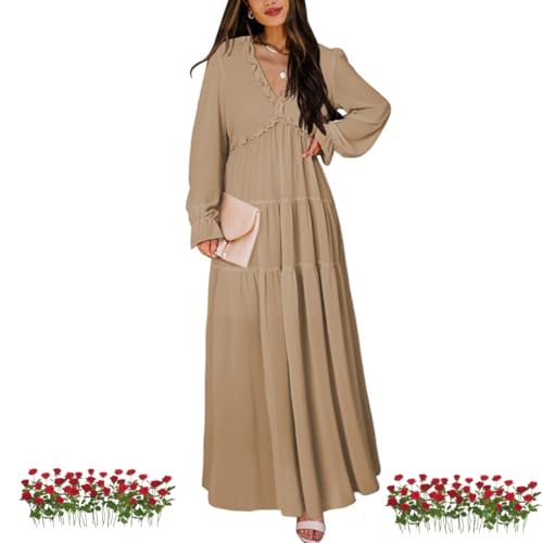 WAMIZEU Langärmeliges Damenkleid, V-Ausschnitt, Boho, lässig, fließend, lange Kleider, indische Kleider für Damen, legerer Bohemian-Druck, Khaki, Größe L von WAMIZEU