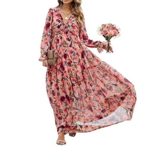 WAMIZEU Langärmeliges Damenkleid, V-Ausschnitt, Boho, lässig, fließend, lange Kleider, indische Kleider für Damen, legerer Bohemian-Druck, Rot, Größe S von WAMIZEU