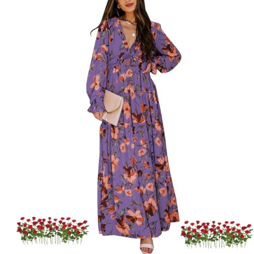 WAMIZEU Langärmeliges Damenkleid, V-Ausschnitt, Boho, lässig, fließend, lange Kleider, indische Kleider für Damen, legerer Bohemian-Druck (lila, S) von WAMIZEU