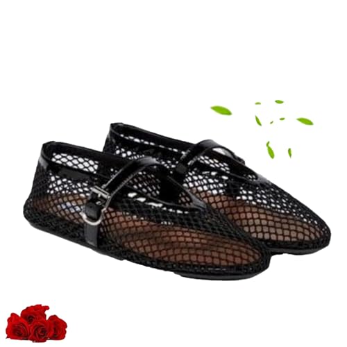 WAMIZEU Modische Damen-Ballerinas aus Netzstoff, Sommer-Ballerinas mit Schnalle, Mary Jane Flats für Damen (Schwarz 2, 42) von WAMIZEU