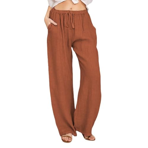 WAMIZEU Sommerhose für Damen, Leinen, Baumwolle, weites Bein, einfarbig, Sommerhose, elastische Taille, Orange, Größe L von WAMIZEU