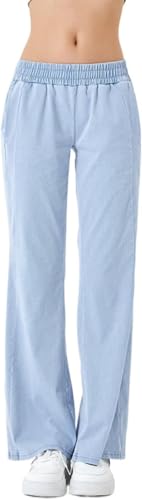 WAMIZEU Stretch-Jeans mit hoher Taille und weitem Bein, für Damen, Stretch, weites Bein, Cargohose, Denim, weites Bein, gerade Hose von WAMIZEU