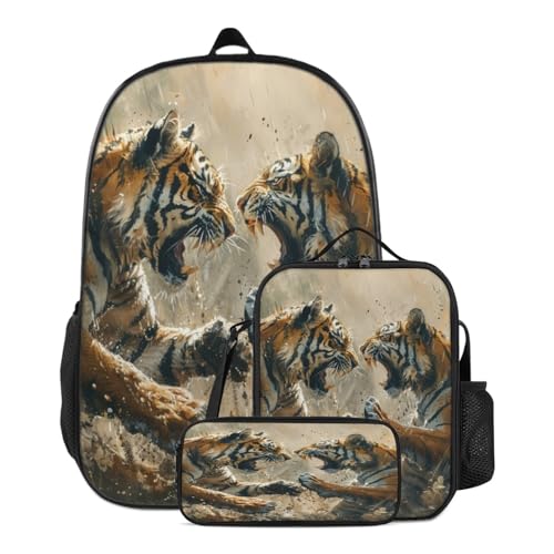 WANAHTON 3D Tiger Print Schulrucksack Set Grundschule Rucksack für Jungen, Kinderrucksäcke Lässiger Tagesrucksack mit Lunchbox und Federmäppchen 3-teilig (Farbe 9#,L) von WANAHTON