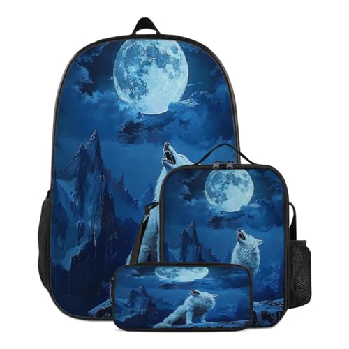 WANAHTON 3D Wolf Schultaschen-Sets Für Jungen Mädchen Schulrucksack Tier Wolf Wölfe Druck Rucksack Jugendlichen Schultasche Outdoor Daypack (Farbe 4#,L) von WANAHTON