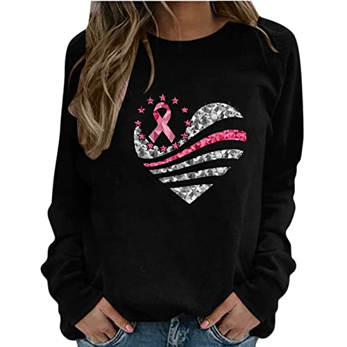 Brustkrebs Bewusstseins Pullover Shirts Damen Langarmshirts Tops Rundhals Sweatshirts Elegante Bluse Tunika Mode Rosa Schleife Herz Druck Grafik T-Shirts Oberteile Lässige Shirts Inspirierende Hemden von WANGTIANXUE