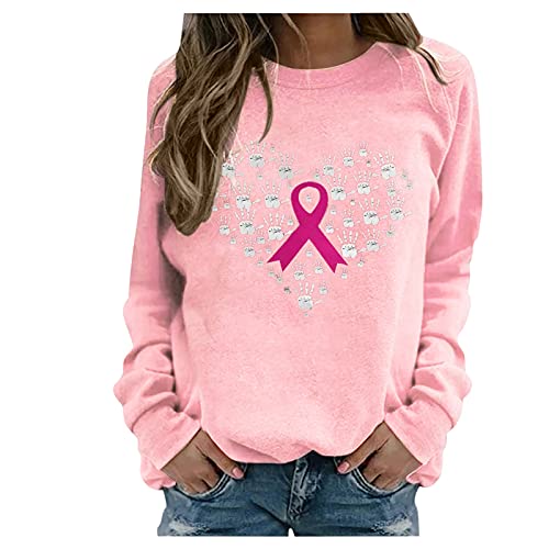 Brustkrebs Bewusstseins Sweatshirts Damen Langarmshirts Rundhals Pullover Herbst Tops Elegant Bluse Tunika Rosa Schleife Herzdruck Grafik T-Shirts Süß inspirierend Oberteile Freizeitmode Hemden von WANGTIANXUE