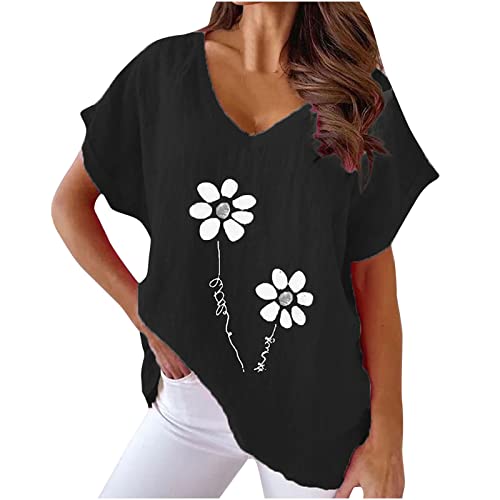 Damen Bluse Sommer Elegant Baumwolle Leinen Hemd Oberteile Gutschein V-Ausschnitt Kurzarm Blusen Casual Hemdbluse Basic Blumen Druck T Shirts Tunika Tops von WANGTIANXUE