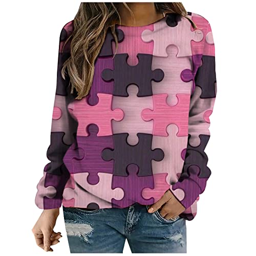 Damen Leichte Pulli Blusen Sexy 3D Puzzle Druck Grafik Tunika Top Herbst Winter Langarmshirts Pullover Sweatshirt Rundhals Shirts Oberteile Streetwear Hemden Longshirt Locker Jumper Basic Kleidung von WANGTIANXUE