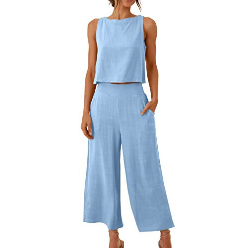 Hosenanzug Damen Gutschein 2 Teilige Outfits Lässige 3/4 Hose Sets Leinen Crop Top Weite Caprihose Trainingsanzüge mit Taschen 2023 Sommer Leinenhose Festlich Sportlich Hosenanzug Streetwear von WANGTIANXUE