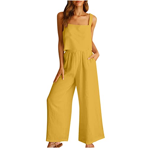 Hosenanzug Damen Gutschein 2 Teilige Outfits Lässige 3/4 Hose Sets Leinen Crop Top Weite Caprihose Trainingsanzüge mit Taschen 2023 Sommer Leinenhose Festlich Sportlich Hosenanzug Streetwear von WANGTIANXUE