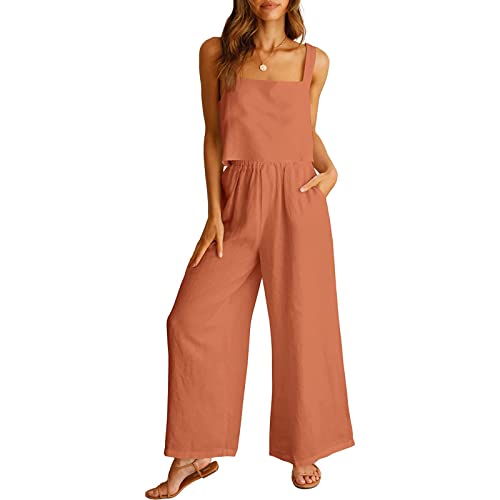 Hosenanzug Damen Gutschein 2 Teilige Outfits Lässige 3/4 Hose Sets Leinen Crop Top Weite Caprihose Trainingsanzüge mit Taschen 2023 Sommer Leinenhose Festlich Sportlich Hosenanzug Streetwear von WANGTIANXUE