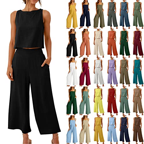 Hosenanzug Damen Gutschein 2 Teilige Outfits Lässige 3/4 Hose Sets Leinen Crop Top Weite Caprihose Trainingsanzüge mit Taschen 2023 Sommer Leinenhose Festlich Sportlich Hosenanzug Streetwear von WANGTIANXUE