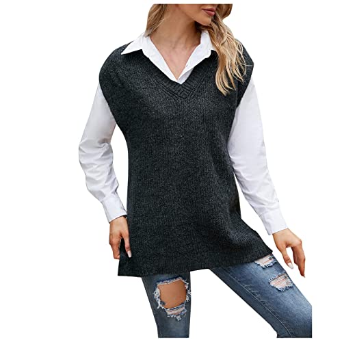 Strickweste Ärmellose Damen Frühling Herbst Pullunder Elegante Casual Sweater Vest Strickpullover V-Ausschnitt Longweste Winterpullover Einfarbig Lang Pullover Klassischer Strickpulli Streetwear Top von WANGTIANXUE