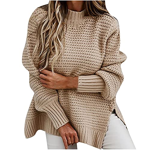 WANGTIANXUE Damen Herbst Winter Pullover, Lässiger Grobstrick Pullover, Zopfmuster Oversize Pullover, Langarm Shirts, Einfarbige Blusenoberteile Locker Pullover mit Seitenschlitz von WANGTIANXUE