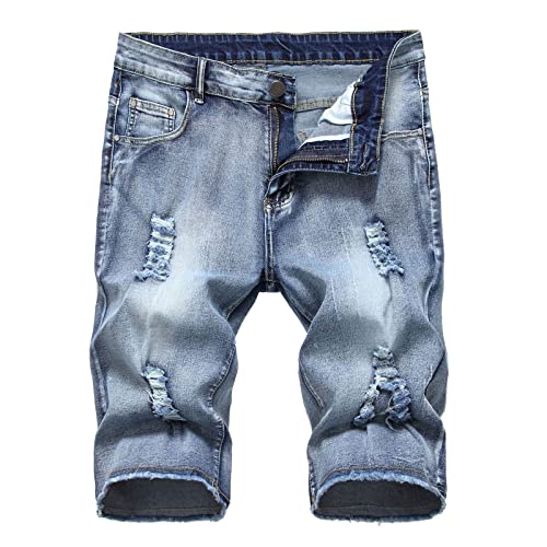 WANGTIANXUE Jeans Shorts Herren Kurze Hosen Herren Casual Bermuda Hose Geschenke für Männer Basic Stretch Shorts Slim Fit Shorts Baumwolle Denim Kurz Short Sommer Denim Half Pants Sweathose Blau von WANGTIANXUE