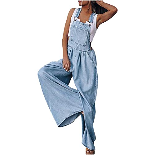 WANGTIANXUE Jeanslatzhose Damen Latzhose Jumpsuit Retro Jeanshose Trägerhose Hoseanzug Denim Blumen Overall Gerades Bein Lang Trägerhose Ärmellos Locker mit Taschen von WANGTIANXUE