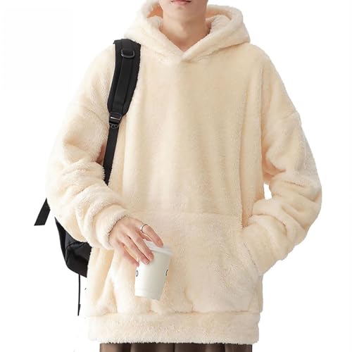 Fuzzy-Sherpa-Sweatshirt für Herren, modischer Pullover aus Fleece, Kapuzenpullover mit lockerer, gemütlicher Tasche und Langen Ärmeln für den Winter (2XL,Beige) von WANWEN