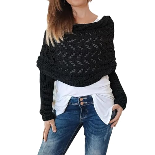 Gestrickter Zopfwickel, Bolero für Damen, Gestrickter Wickel, Schal Mit äRmeln, ärmelschal, Winter Warm Gestrickte Schal mit Ärmeln, Pulloverschal mit Ärmeln (Black) von WANWEN