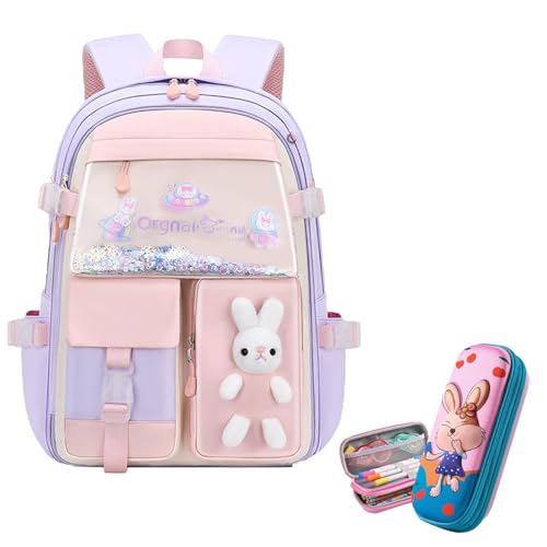 Rucksack Kinder Mädchen, Rucksack Vorschule Mädchen, Hasen-Rucksack für Mädchen, Wasserdichter Schulranzen mit Großem Fassungsvermögen, Geeignet für die Klassen 1–6 (Purple,Large) von WANWEN