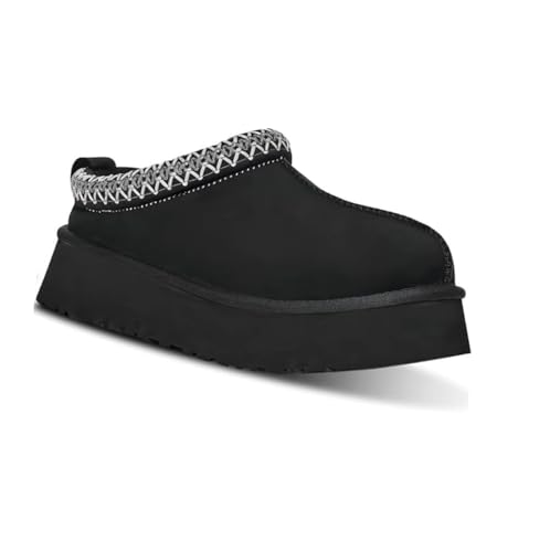 WANWEN Plateau Hausschuhe Damen,Winter Hausschuhe Damen Gefüttert, Fell-Fleece-gefüttert,rutschfeste Slip on Schuhe mit Runder Zehenpartie für den innen- und außenbereich (37.5EU,Black) von WANWEN