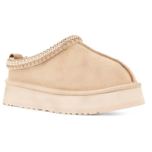 WANWEN Plateau Hausschuhe Damen,Winter Hausschuhe Damen Gefüttert, Fell-Fleece-gefüttert,rutschfeste Slip on Schuhe mit Runder Zehenpartie für den innen- und außenbereich (39.5EU,Beige) von WANWEN