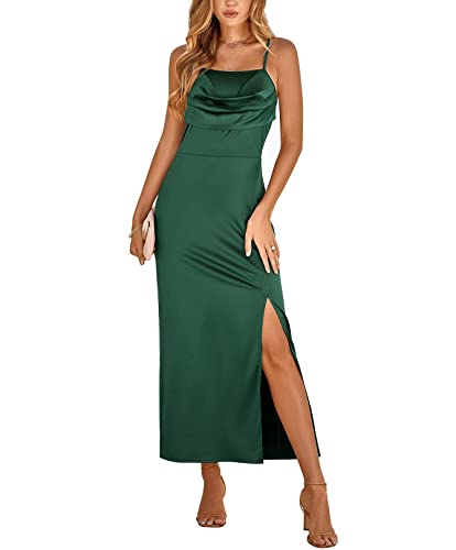 WANWEN Satinkleid Damen, Damen Freizeitkleidung ärmellose Satin Spaghetti Träger Rückenfrei Gerafft Bodycon Kleid Schlitz Maxi Cocktail Elegant Kleider für Abend Party (Green,M) von WANWEN