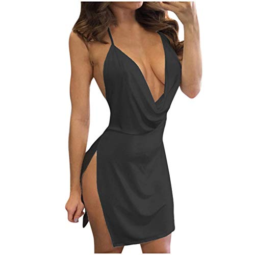 WANWEN Sexy Kleid Damen für Party, Sexy Outfit für Damen, Sexy Minikleid mit tiefem V-Ausschnitt, Sexy Kleid für die Clubnacht, Lässiges Split-Cocktailparty-Clubkleid mit hohem Schlitz (Black,M) von WANWEN