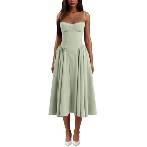 WANWEN Spaghetti Strap Low Cut Bustier Off The Shoulder Dress, Sleeveless Corset Fit Midi Dress, Boho Elegant Sexy A-line Dress, with Pockets, Summer Casual Pleated Hem Beach Flowy Dress (Green,XL) von WANWEN