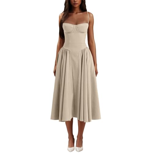 WANWEN Spaghetti Strap Low Cut Bustier Off The Shoulder Dress, Sleeveless Corset Fit Midi Dress, Boho Elegant Sexy A-line Dress, with Pockets, Summer Casual Pleated Hem Beach Flowy Dress (Khaki,M) von WANWEN