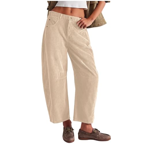 Women's Baggy Corduroy Pants Mid Rise Corduroy Barrel Pants Elastic Waist Barrel Cropped Pants Elastic Mid Waist Cord Pants Work Business Casual Wide Leg Trouser (Beige,XXL) von WANWEN