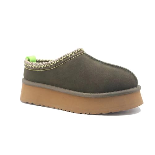 Women's Slippers Platform Mini Boots Slip on Fur Fleece Lined Suede Short Ankle Boots Anti-Slip Boot Winter Warm Slippers House Slippers for Indoor Outdoor (37.5EU,Olive) von WANWEN