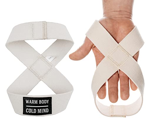 WARM BODY COLD MIND Figur 8 Lifting Straps für Gewichtheben - Zughilfen für Krafttraining, Crossfit, Fitness Bodybuilding, Wrist Wraps, 8 Loop Weightlifting Straps (Basic (Baumwolle), Weiß, M) von WARM BODY COLD MIND