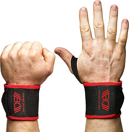 WARM BODY COLD MIND Premium Velcro Wrist Wraps/Baumwolle-Handgelenkbandagen für Olympisches Gewichtheben, Powerlifting, Bodybuilding, Kraft-Crosstraining und Yoga-Unterstützung (Schwarz/Rot, 18.00) von WARM BODY COLD MIND