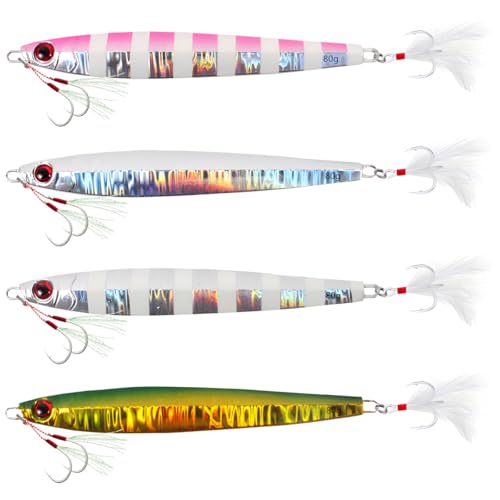 Tief sinkende Meeresfischköder, WASAGA 4 stücke 80g/100g/120g/150g/200g Hartmetall Meer Spinner Fischköder für Kabeljau & Jigging Köder (13cm-80g-4pcs) von WASAGA