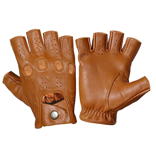 Handschuhe aus echtem Leder, reines Leder Mode Handschuhe, Lammleder Handschuhe, Motorradhandschuhe, Leder Knuckle Fit Handschuhe, Halbfinger Glvoes (X-Large, Tan) von WASPRO