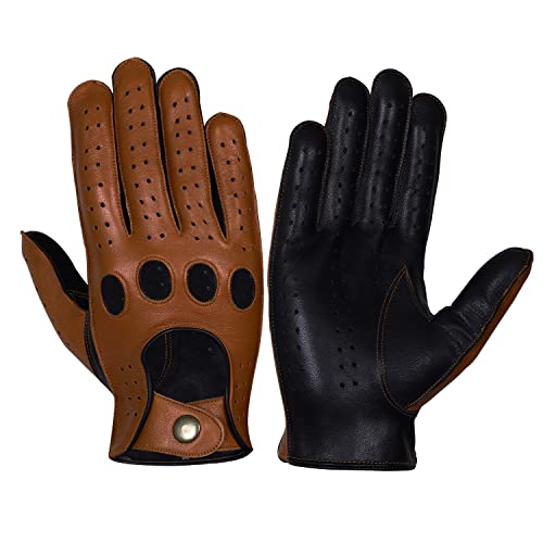 WASPRO Echtlederhandschuhe, reines Leder, modische Handschuhe, Lammfell-Lederhandschuhe, Leder-Motorradhandschuhe, Knöchel-Pass-Handschuhe (Dunkelbraun und Schwarz, Größe L) von WASPRO