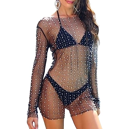 WASTEBIN Damen Minikleid Mit Strasssteinen Durchsichtige Bikinis Vertuscht Ärmel Strandkleid Glitzerndes Clubkleid Für Den Urlaub von WASTEBIN