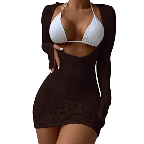 WASTEBIN Frauen Häkeln Badeanzug Mit Up Dame Bademode Neckholder Bikinis 3 Stück Badeanzug Stricken Sheer Strand Kleid Beachwear von WASTEBIN