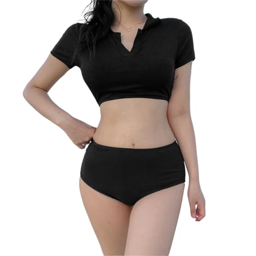 WASTEBIN Zweiteiliges Damen Badeanzug Set Für Damen Bauchfreies Top Mit V Ausschnitt Und Badehose Zur Bauchkontrolle von WASTEBIN