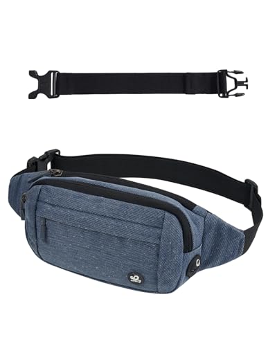 WATERFLY Bauchtasche Hüfttasche Herren Damen: Klein Gürteltasche Sport Bum Hip Bag Männer Frauen Waist Fanny Pack mit Verlängerungsgurt für Reise Wandern Hundetraining Outdoor Denim Blau von WATERFLY