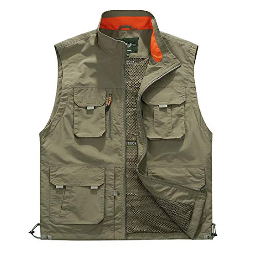 WDBZTJ Herrenweste, Lässige Leichte Outdoor-Jacke mit Multi Taschen, Quick Dry Arbeit Gilet für Safari-Fischen-Foto-Reise-Sommer-Weste,Khaki,XXL von WDBZTJ