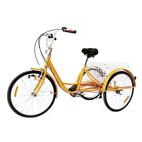 WDZCZDoo 24 Zoll Dreirad, 6-Gang Erwachsene 3-Rad Fahrrad mit Einkaufskorb, Verstellbarer 3 Räder Fahrrad Bike, Gelb von WDZCZDoo