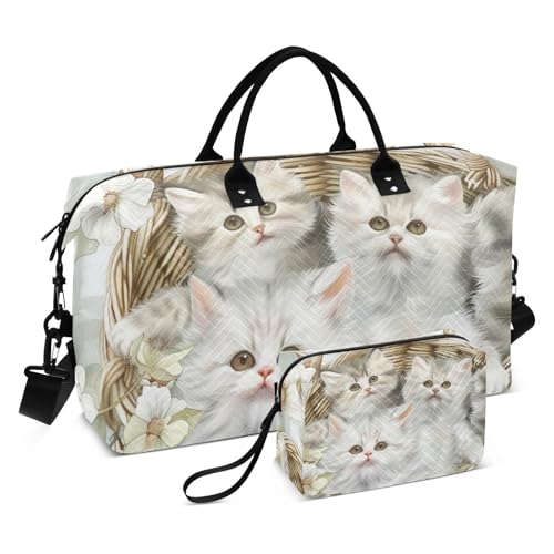 Duffel Bag Weekend Bag Sports Tote Gym Bag with Toiletry Bag for Trekking Waterproof Cute Cat in Basket, Süße Katze im Korb, 1 size von WDdZzyy