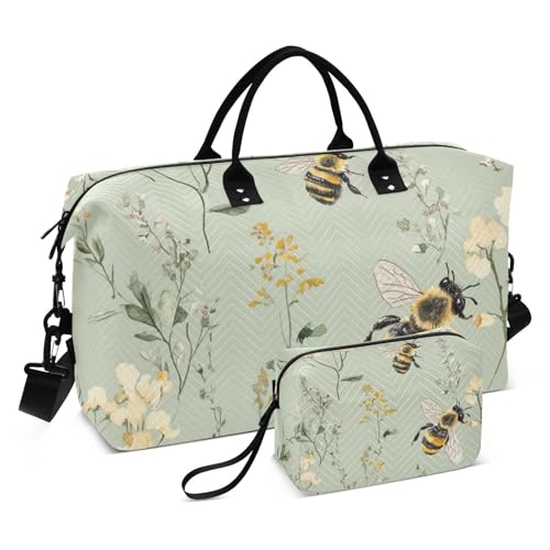 Reisetasche, Übernachtungstasche, Sport-Trainingstasche mit Kulturbeutel für Yoga, multifunktional, süße Bienen, Salbeigrün, Sweet Bees Salbeigrün, 1 size von WDdZzyy