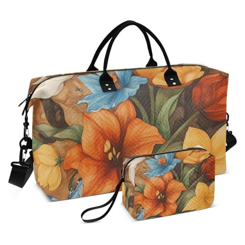 Reisetasche Übernachtungstasche Reisetasche Turnbeutel mit verstellbarem Gurt für Yoga Multifunktional Blumen Schmetterlinge Braun Vintage, Blumen Schmetterlinge Braun Vintage, 1 size von WDdZzyy