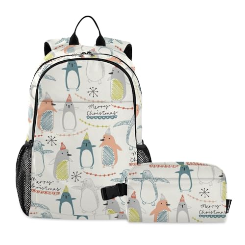 WDdZzyy Rucksack für Jungen, mit Lunchtasche, Beige, Frohe Weihnachten, Cartoon-Pinguin, Schultasche und Lunchbox-Set für Jungen, Schultasche für Jungen von 9–10 Jahren, Beige Merry Christmas Cartoon von WDdZzyy